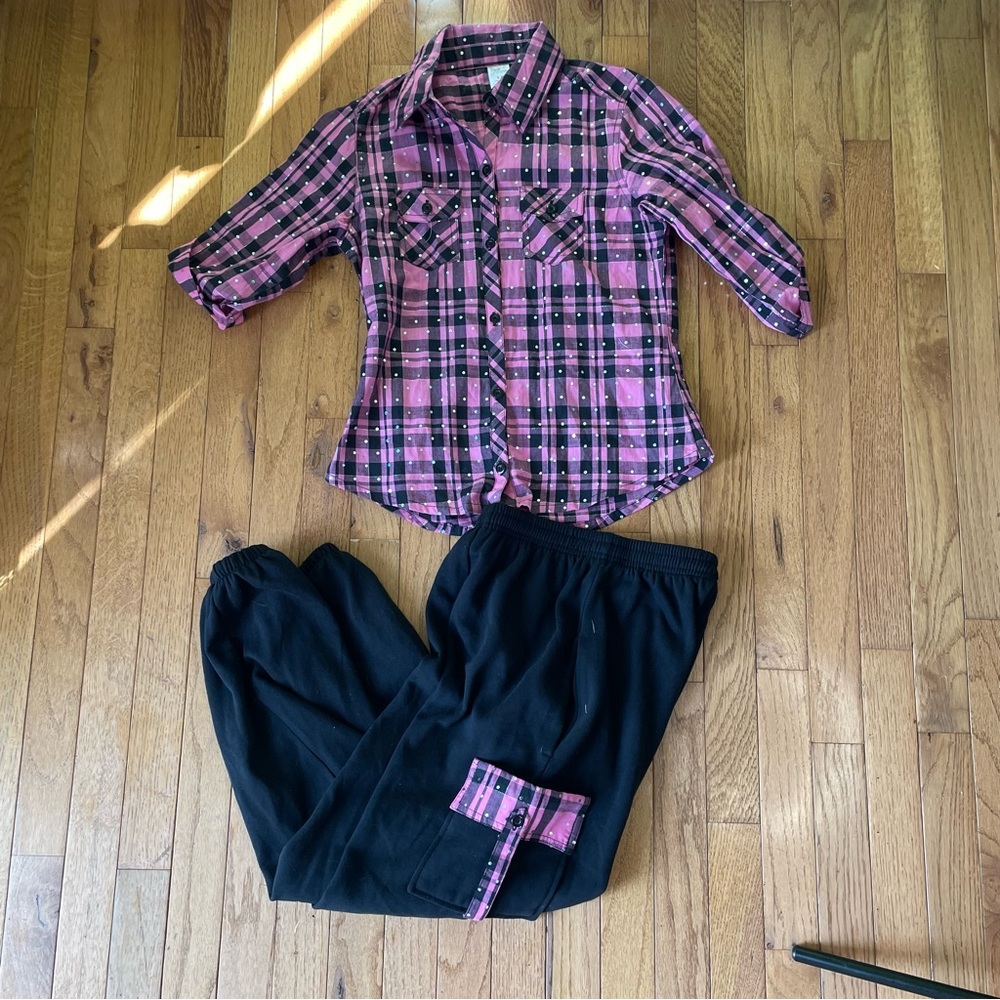 THEATRICALS PINK BLACK PLAID SEQUIN DANCE COSTUME TOP AND PANTS SIZE LARGE CHILD